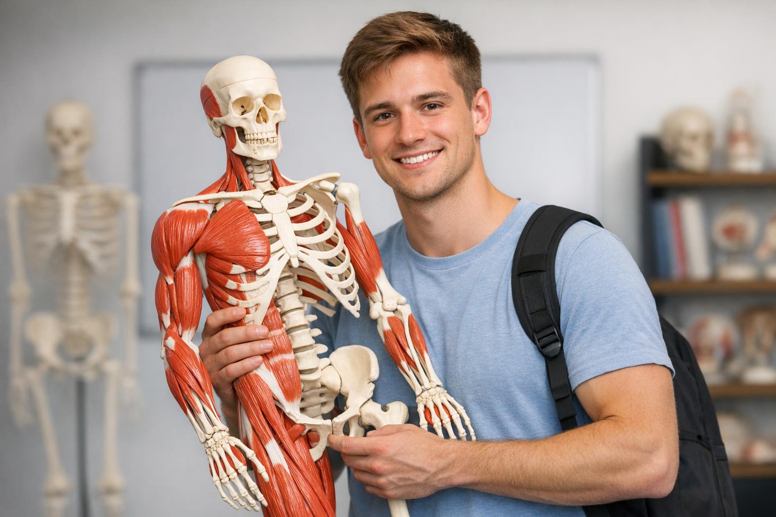 student trzyma model anatomiczny kości i mięśni