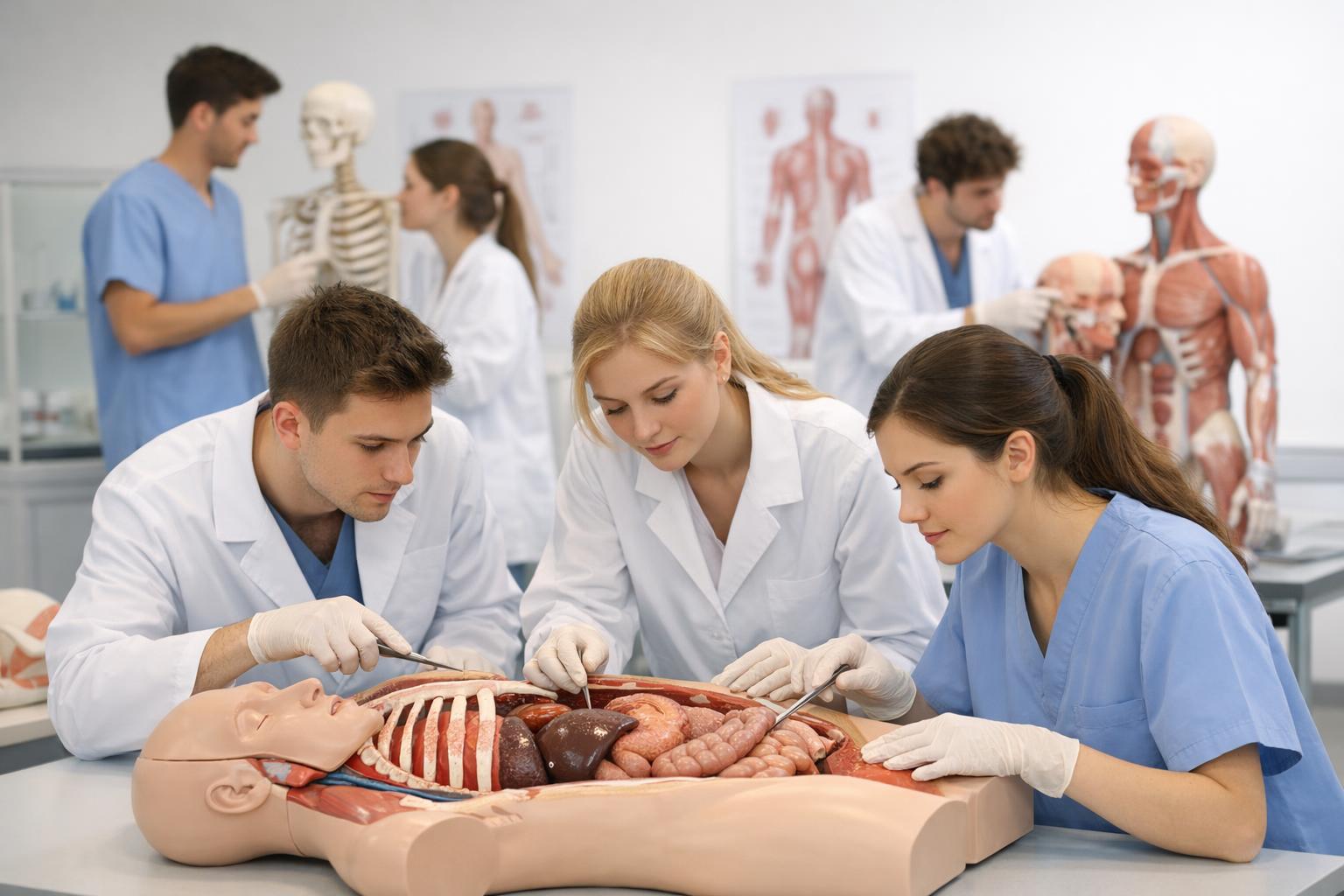 grupa studentów ćwiczących na anatomicznych modelach podczas zajęć praktycznych